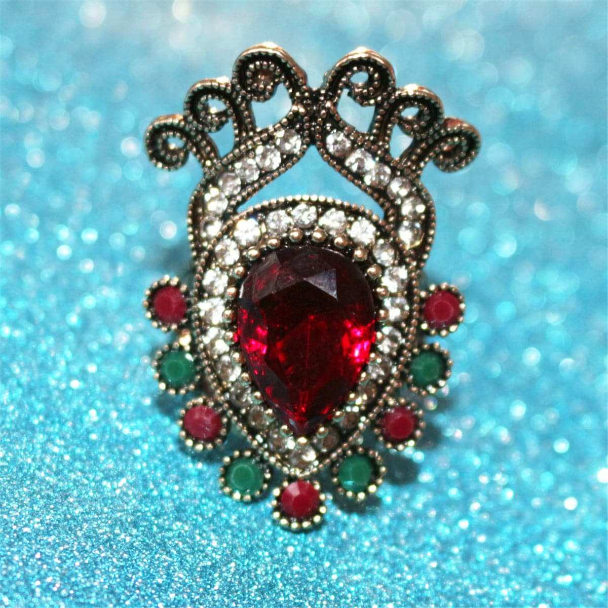 Red Crystal & Cubic Zirconia Crown Ring-5