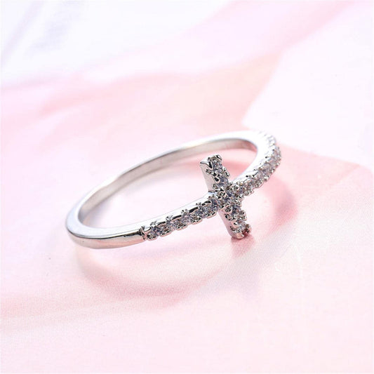 White Cubic Zirconia Cross Ring