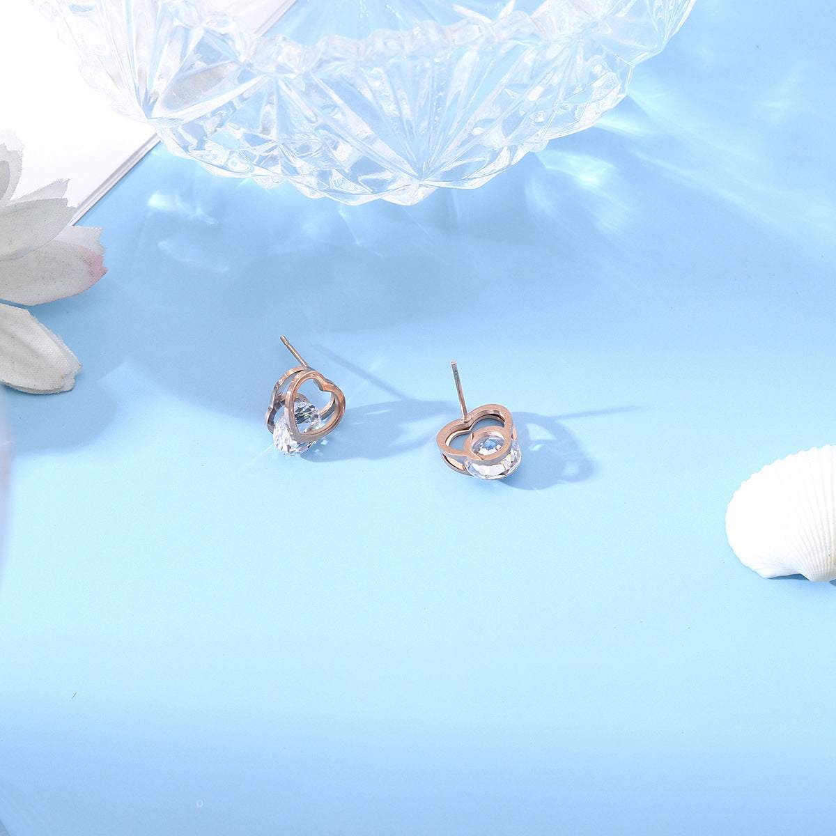 Crystal & Rose Goldtone Open-Heart Stud Earrings