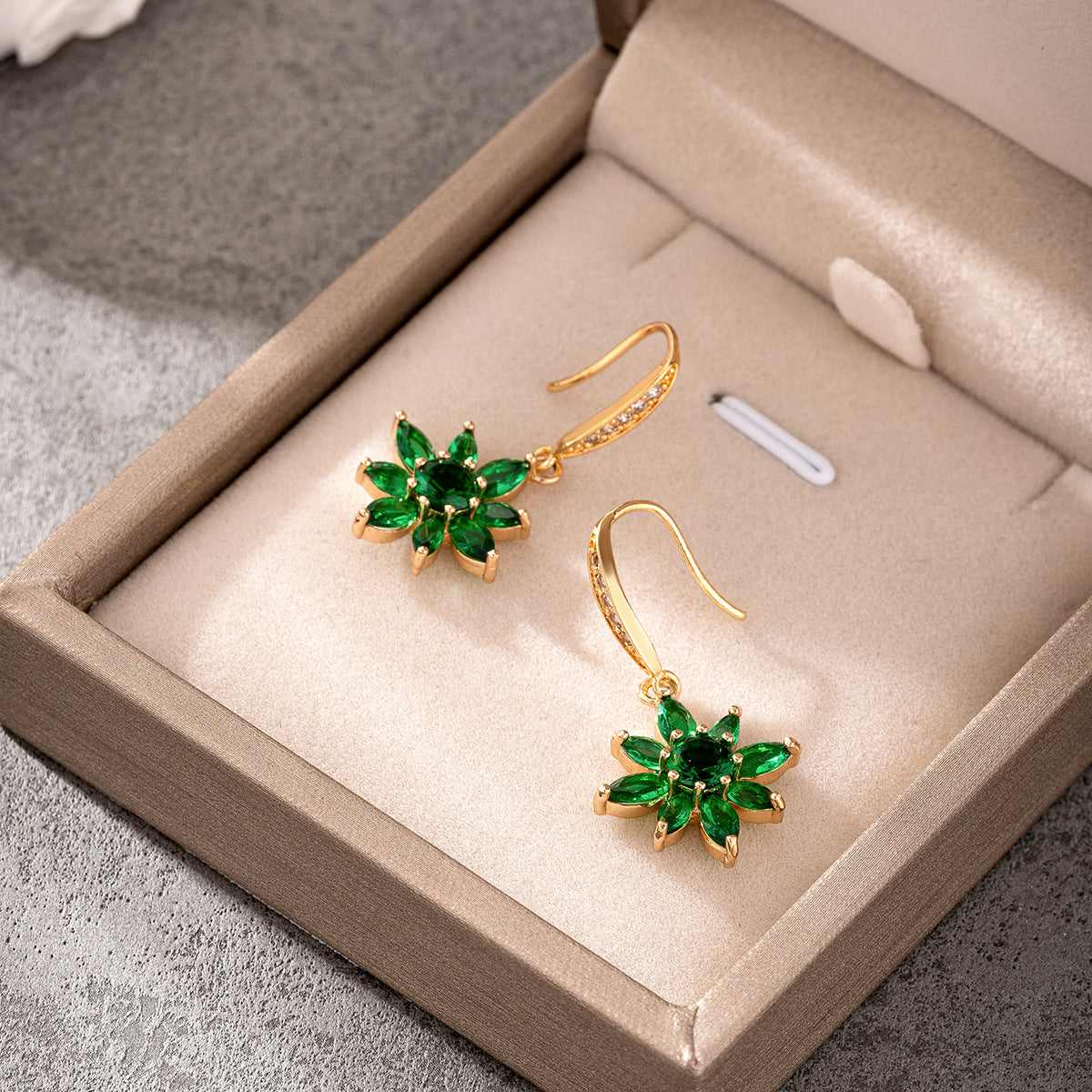 Green Crystal & Cubic Zirconia Goldtone Flower Hook Earrings