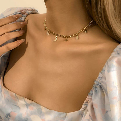 Goldtone Star Moon Station Choker Necklace