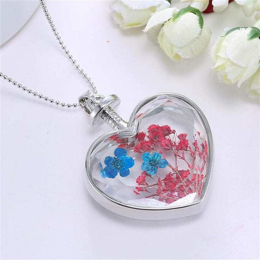 Blue Pressed Peach Blossom & Silvertone Heart Pendant Necklace