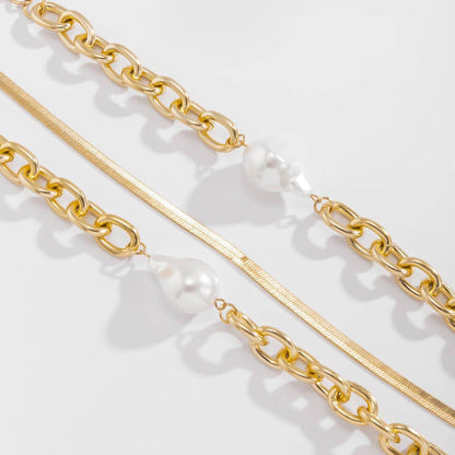 Pearl & 18K Gold Plated Snake Chain Necklace & Bracelet