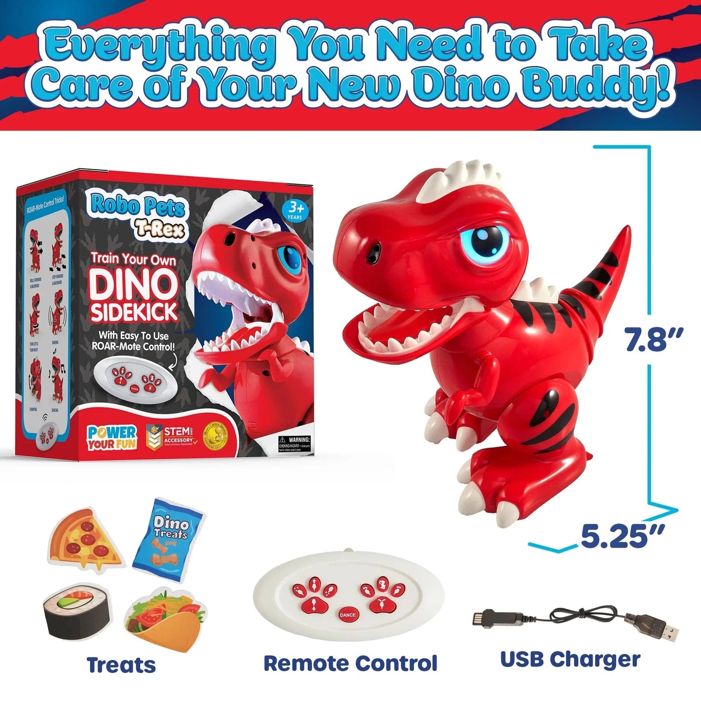 Red robot dino, white remote, and blue, grey and black food.-