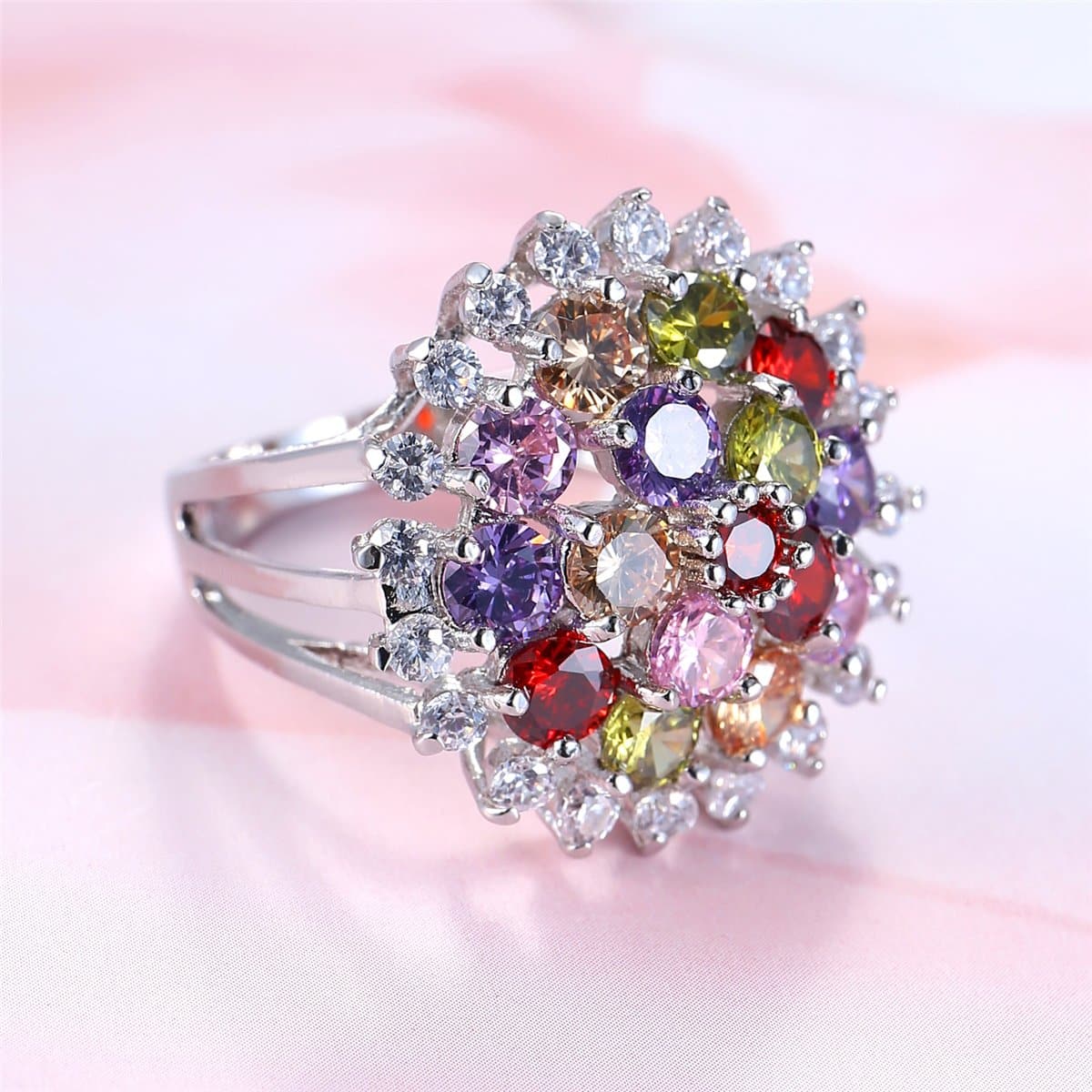 Jewel-Tone Cubic Zirconia & Silvertone Sunflower Ring