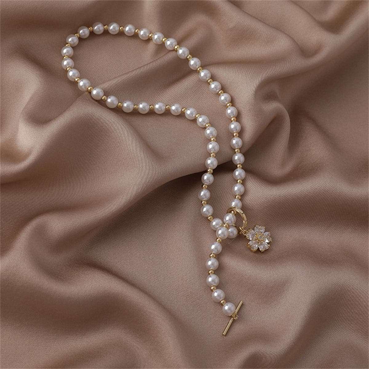 Pearl & Crystal Snowflake Pendant Toggle Choker Necklace