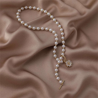 Pearl & Crystal Snowflake Pendant Toggle Choker Necklace