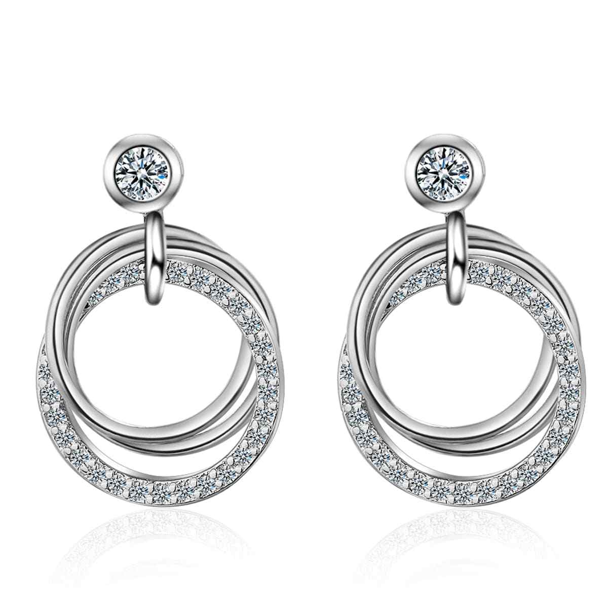 Cubic Zirconia & Silvertone Triple Circle Drop Earrings