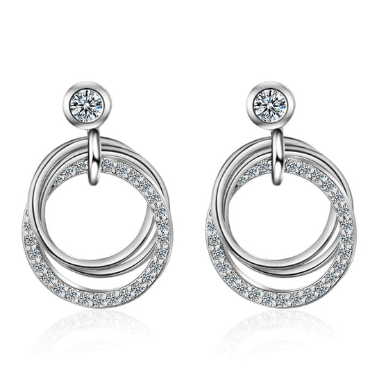 Cubic Zirconia & Silvertone Triple Circle Drop Earrings