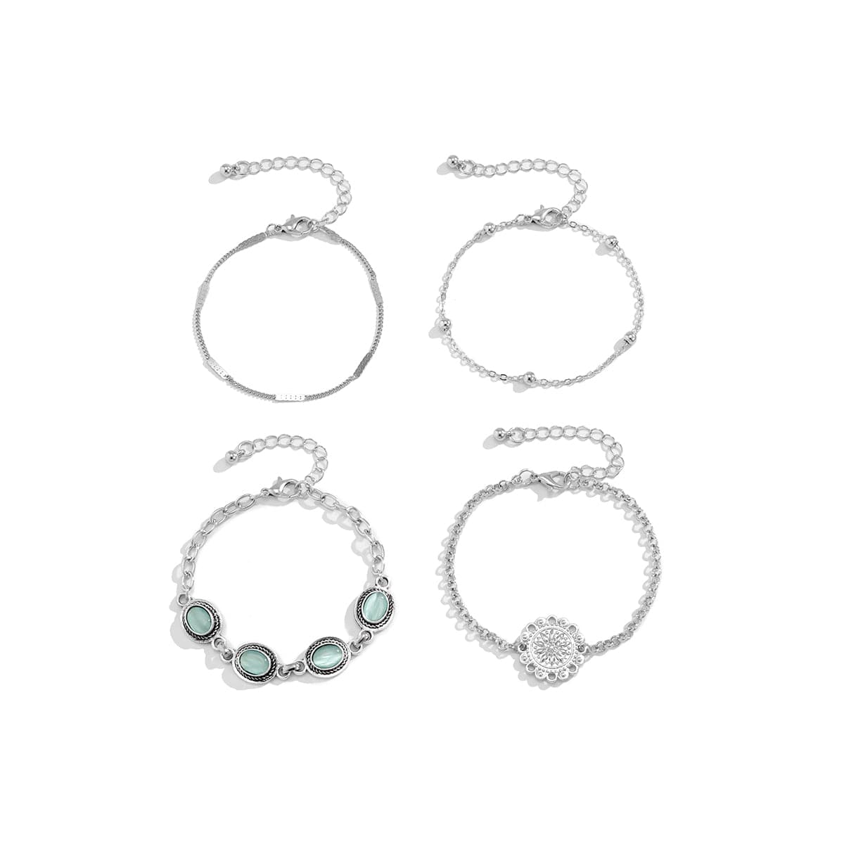 Cats Eye & Silvertone Oval Charm Bracelet Set