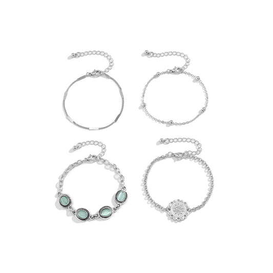 Cats Eye & Silvertone Oval Charm Bracelet Set