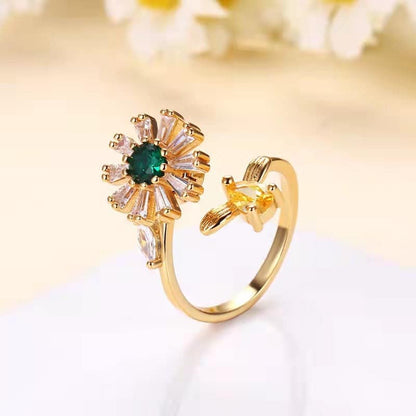 Crystal & Cubic Zirconia Goldtone Bee & Flower Adjustable Ring