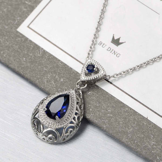 Navy Crystal & Silvertone Filigree Pear Pendant Necklace