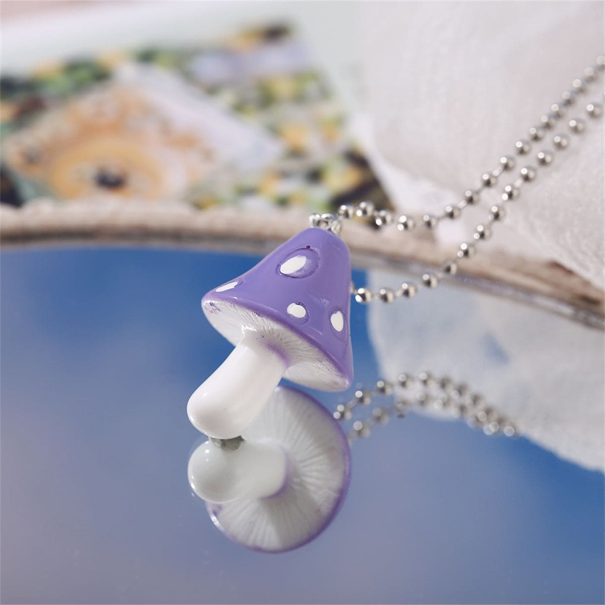 Purple Resin & Silvertone Ball Chain Mushroom Pendant Necklace