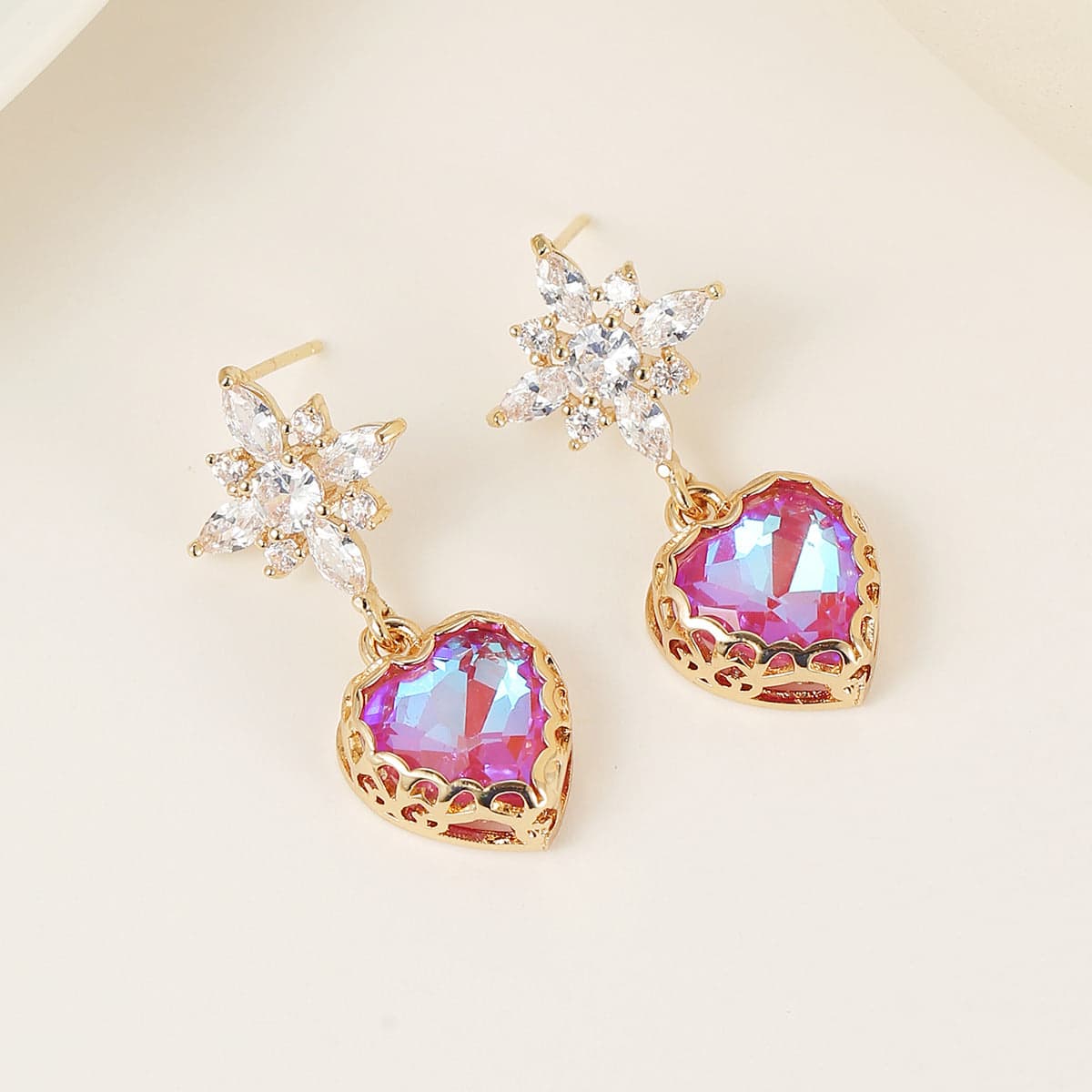 Purple Crystal & Cubic Zirconia Goldtone Star Heart Dangle Earrings