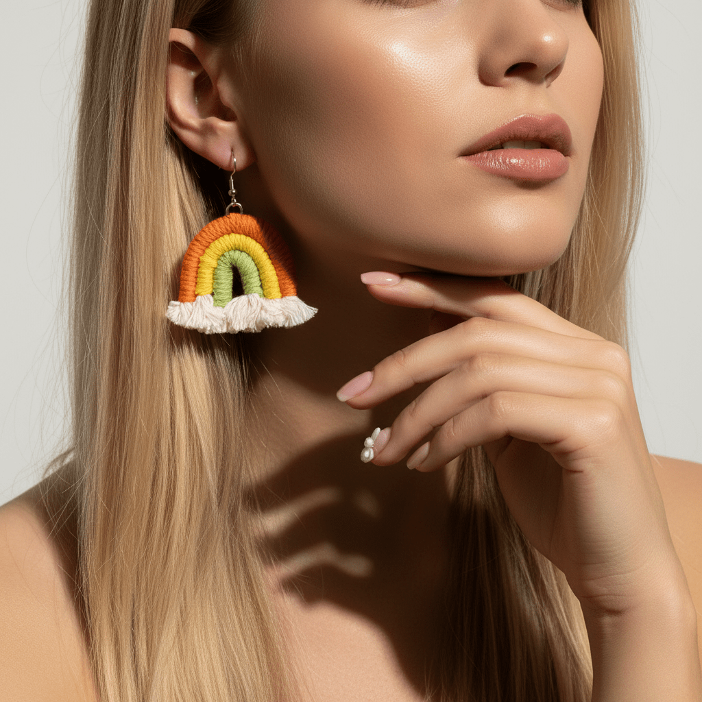 Orange Multi-Colored Yarn & Silvertone Rainbow Tassel Hook Earrings
