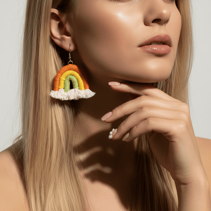 Orange Multi-Colored Yarn & Silvertone Rainbow Tassel Hook Earrings