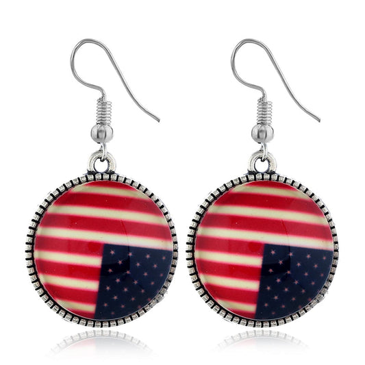 Red Resin & Silvertone American Flag Round Drop Earrings
