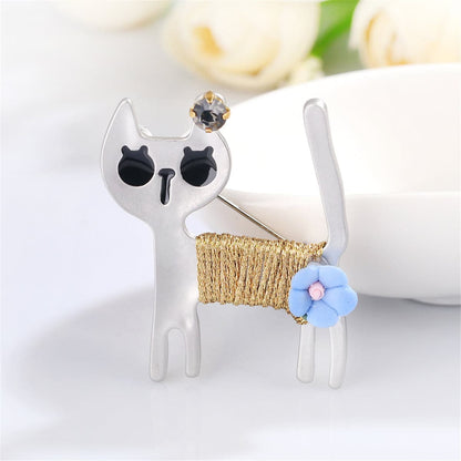 Cubic Zirconia & Silvertone Cat Brooch
