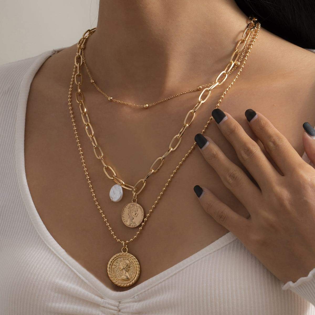 Pearl & Goldtone Coin Cable Chain Necklace Set