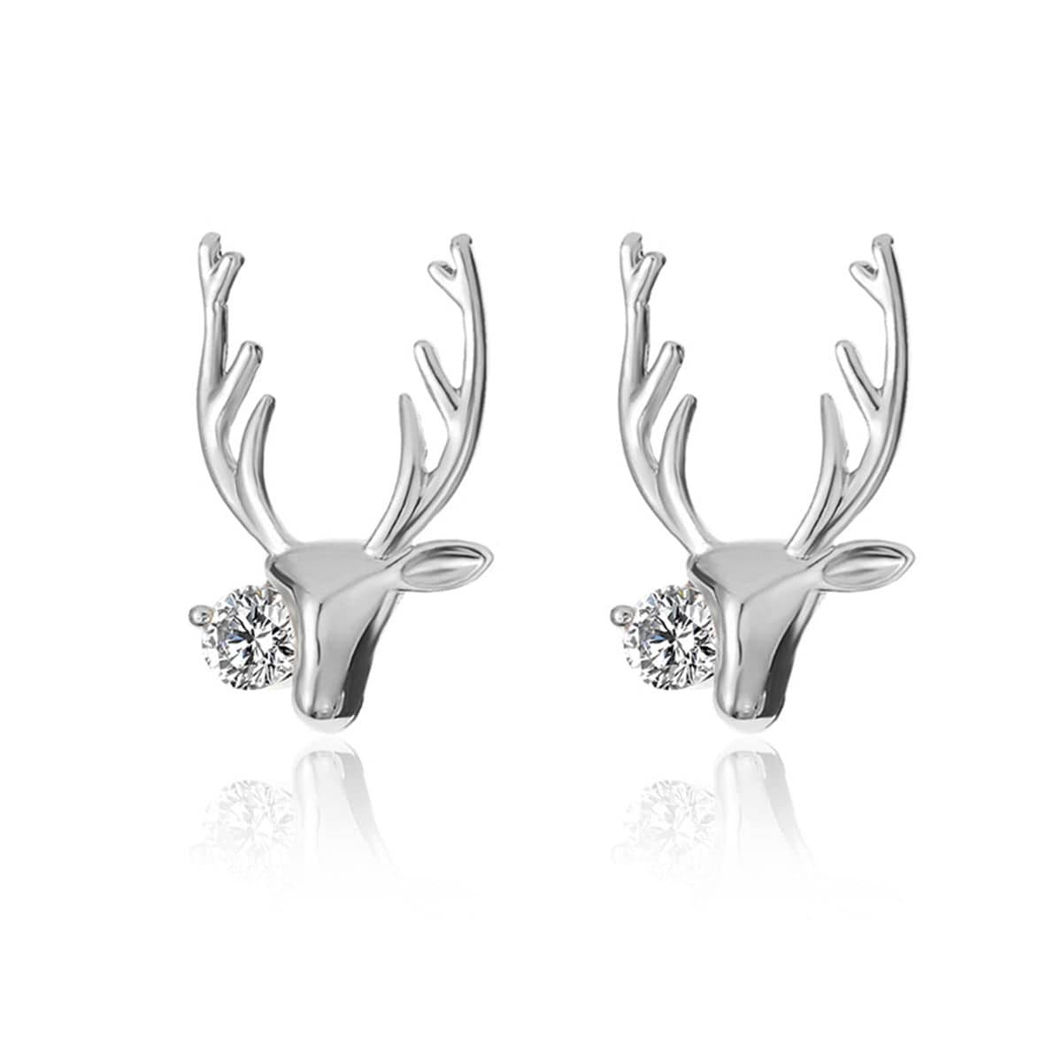 Cubic Zirconia & Silvertone Deer Head Stud Earrings