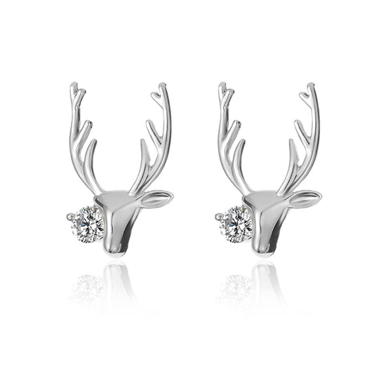 Cubic Zirconia & Silvertone Deer Head Stud Earrings