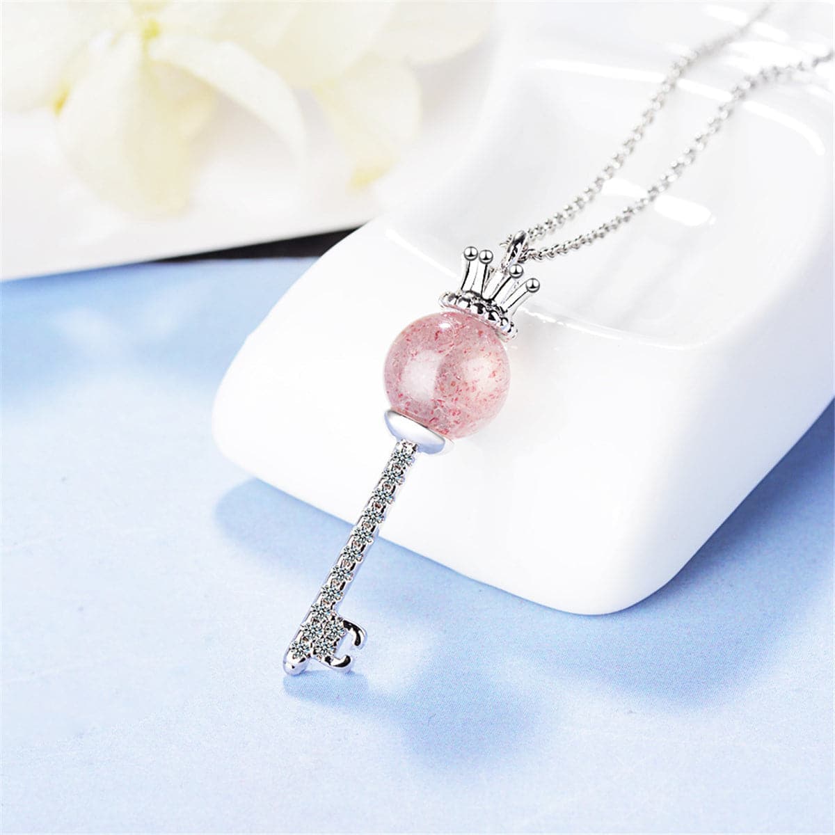 Cubic Zirconia & Strawberry Crystal Key Pendant Necklace