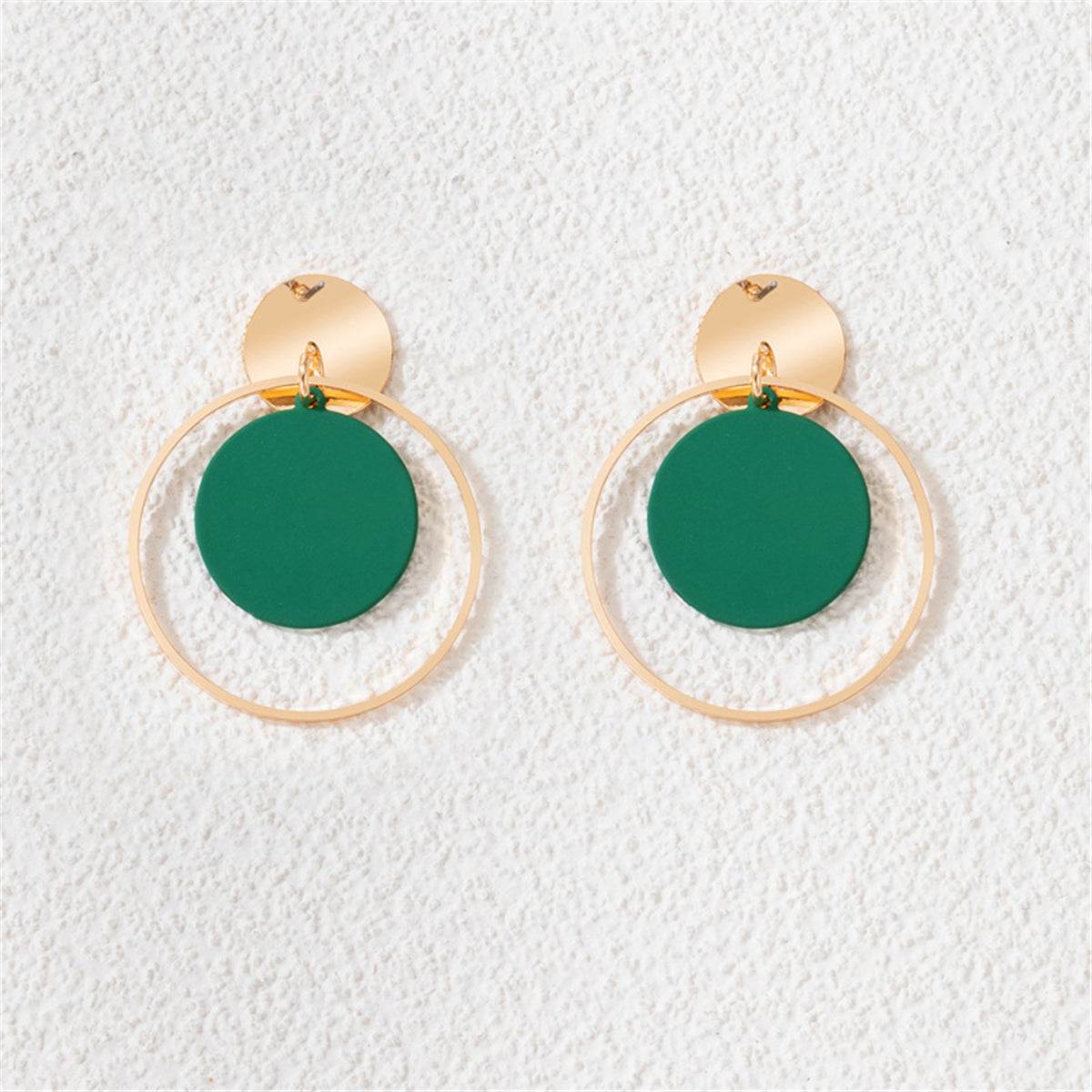 Green Enamel & Goldtone Circle Drop Earring