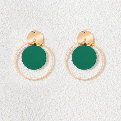 Green Enamel & Goldtone Circle Drop Earring