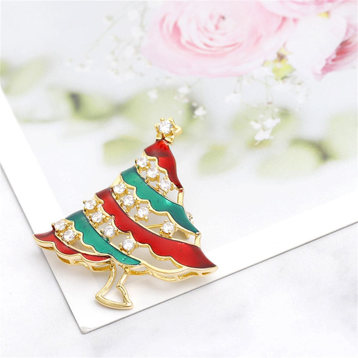 Cubic Zirconia & Enamel Goldtone Christmas Tree Brooch