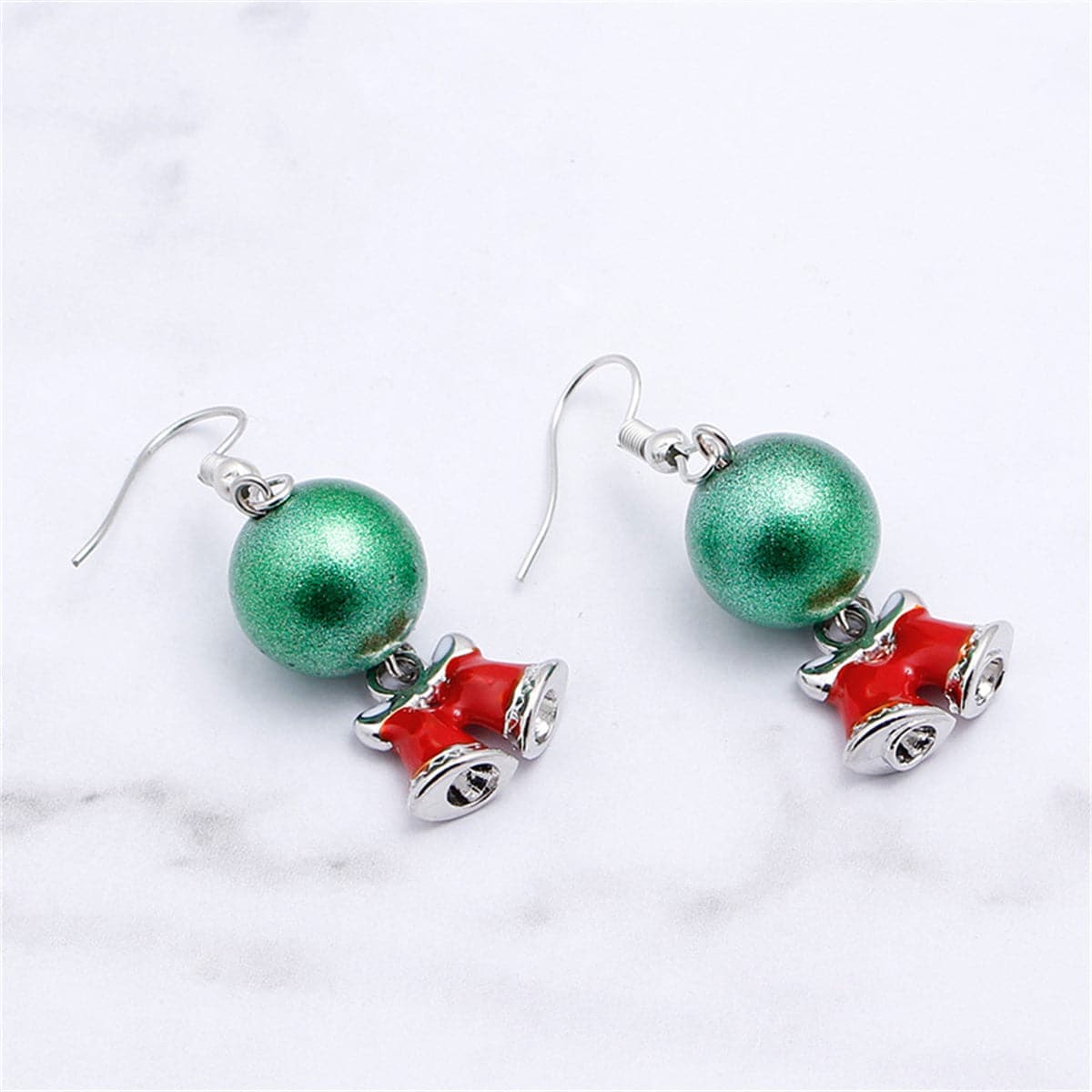 Green & Silvertone Ball Bell Drop Earrings