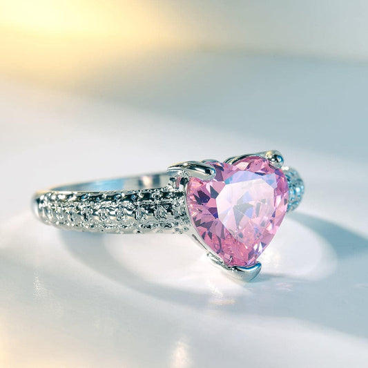 Pink Crystal & Silvertone Heart Ring-1