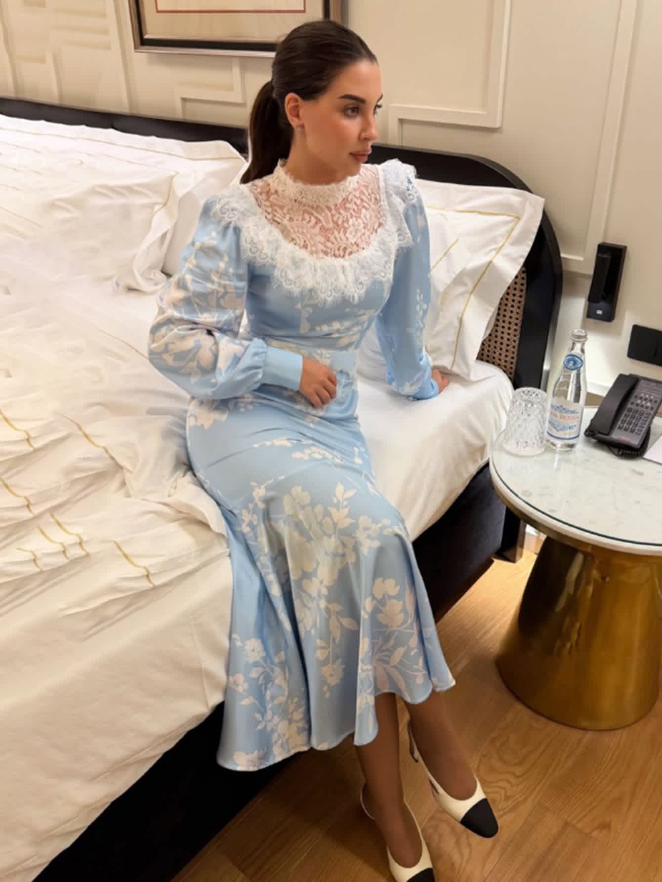 mermaid print dress womens Chic YC Women's Floral Print Satin Mermaid Lace Collar Puff Sleeve Ruffle Hem Elegant Wedding Guest Party Dress Babyblue / Medium