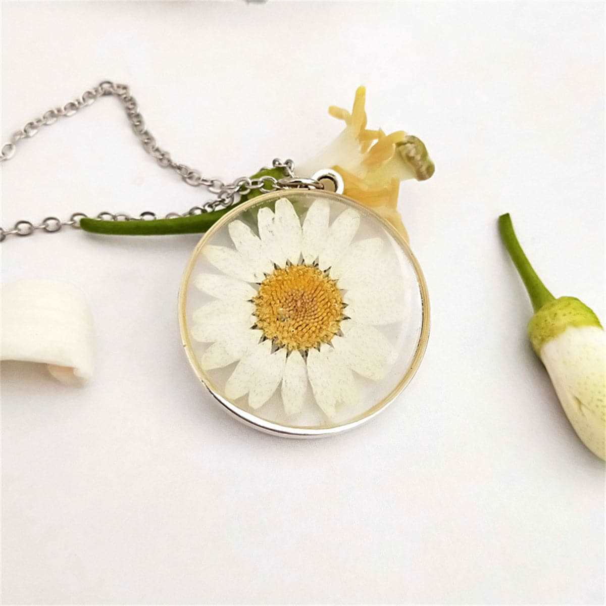 White & Yellow Pressed Mum Round Pendant Necklace