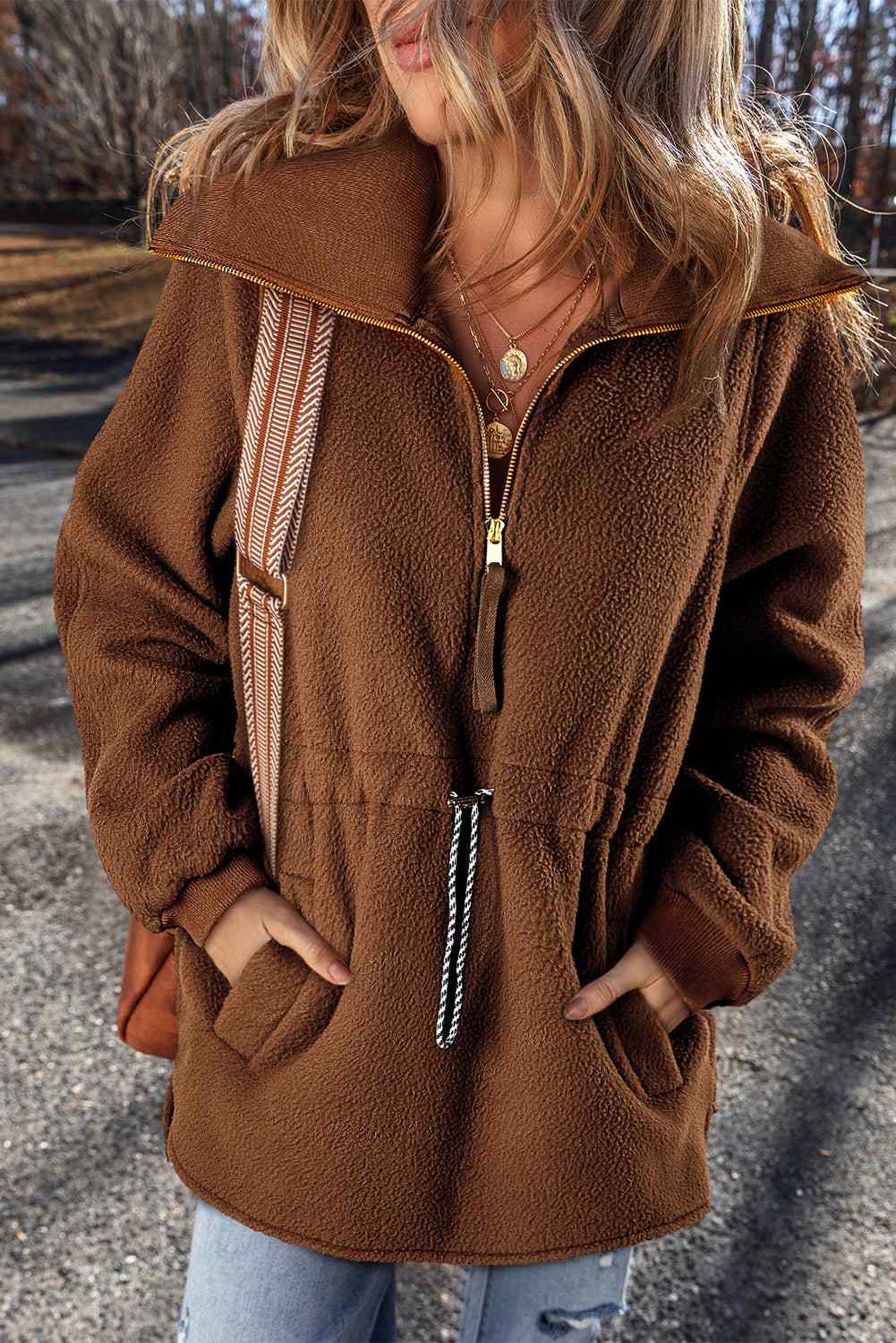Audrey Half Zip Fleece Pullover - Brown / M - 8/10