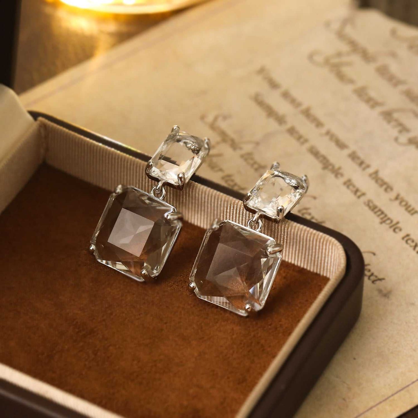 Clear Crystal Silvertone Square Drop Earrings