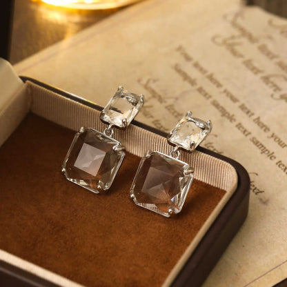 Clear Crystal Silvertone Square Drop Earrings