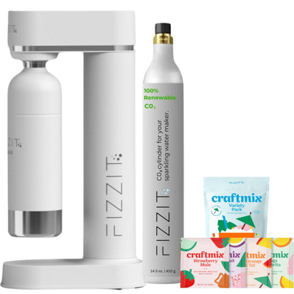 White Fizzit Stainless Steel Sparkling Water Maker Bundle | Includes Soda Maker, CO2 Cylinder, & 12-Flavor Variety Pack | Customizable Carbonated Water Machine, Reusable Bottle & Eco-Friendly