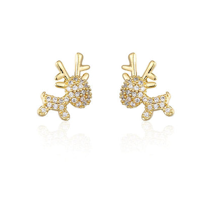 Cubic Zirconia & Goldtone Reindeer Stud Earrings-1