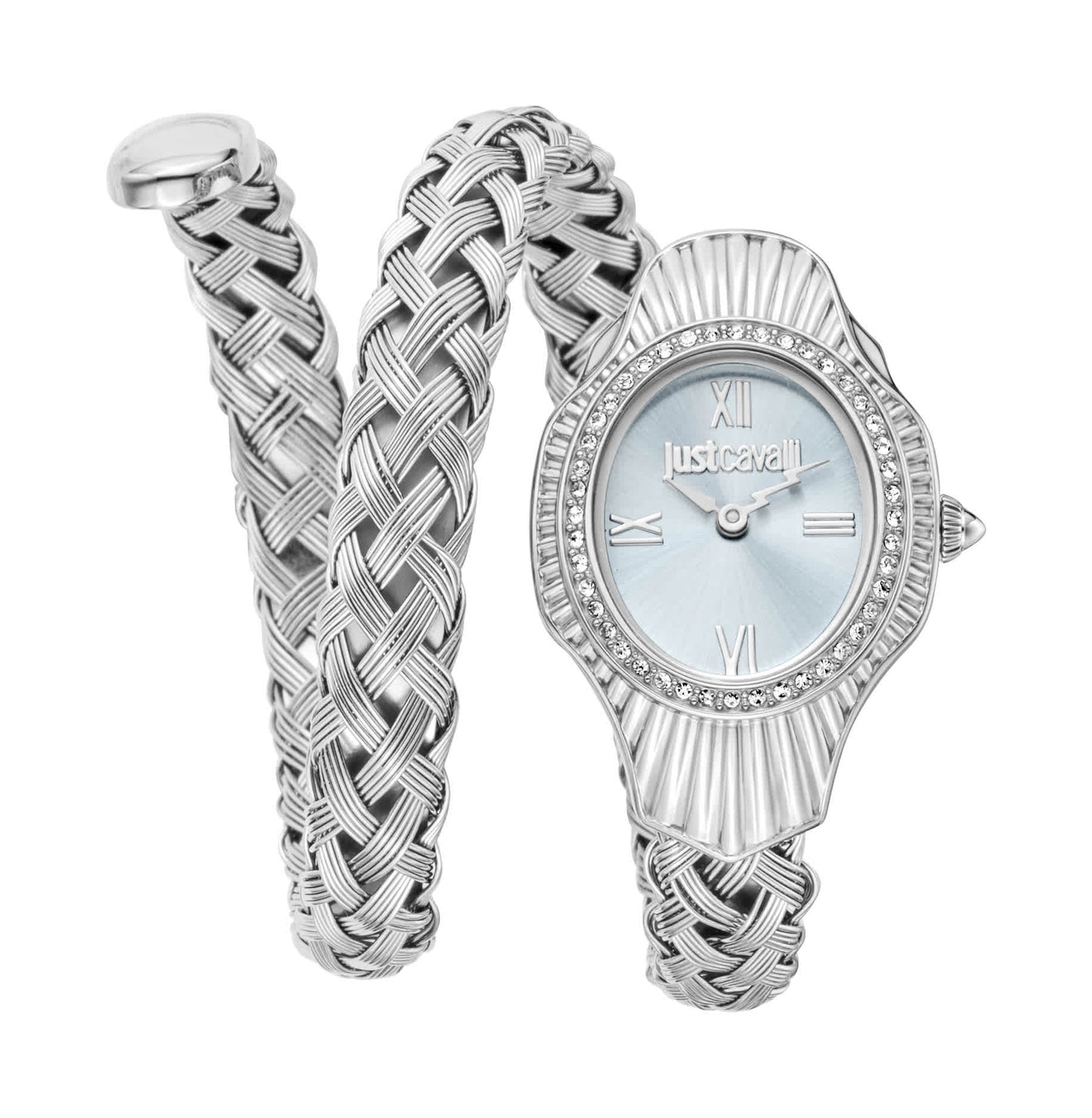 Just CAVALLI Women Watch, Silver Color Case, Light Blue Dial, Stainless Steel Metal Bracelet, 2 Hands, 3 Atm