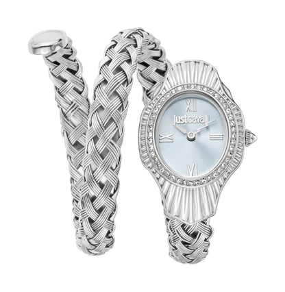 Just CAVALLI Women Watch, Silver Color Case, Light Blue Dial, Stainless Steel Metal Bracelet, 2 Hands, 3 Atm