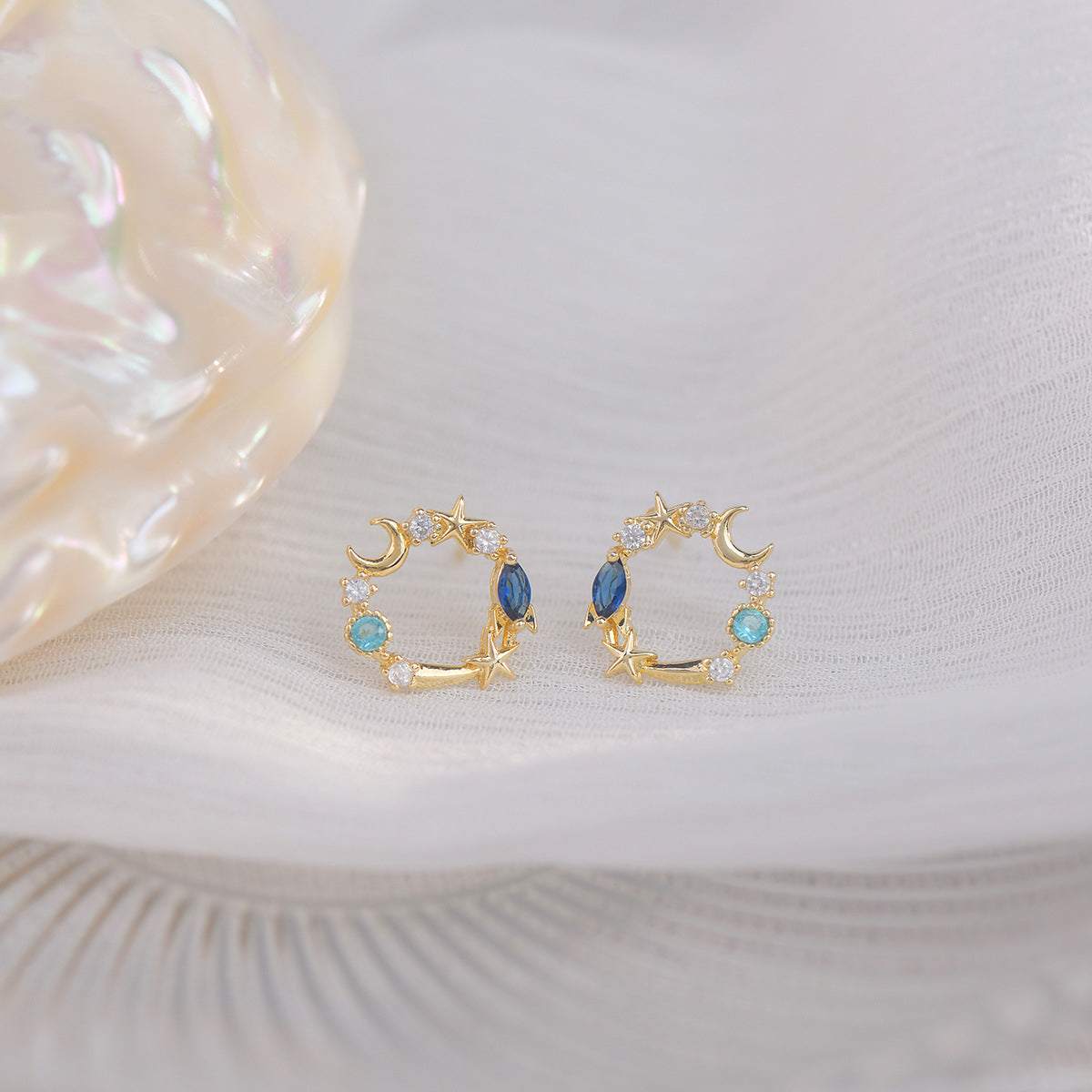 Blue Crystal & Cubic Zirconia Goldtone Moon & Star Stud Earrings