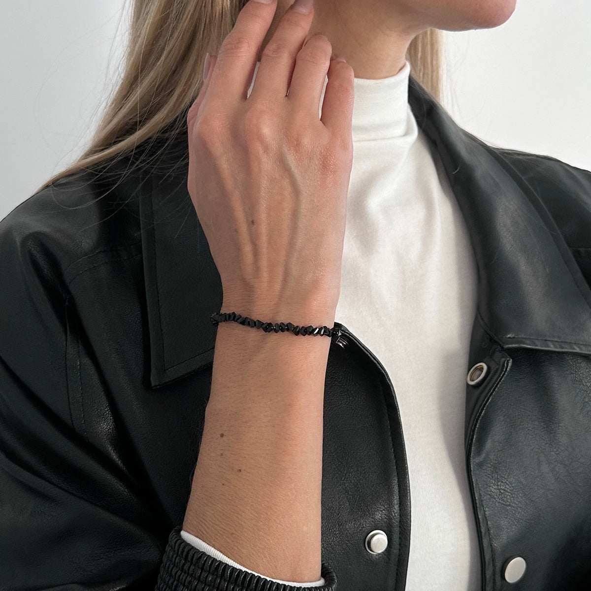 Black Resin & Silvertone Beads Chain Bracelet