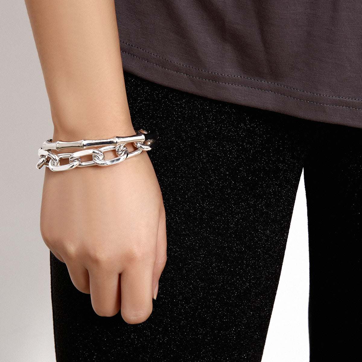 Silvertone Figaro Bracelet & Bamboo Bangle Set
