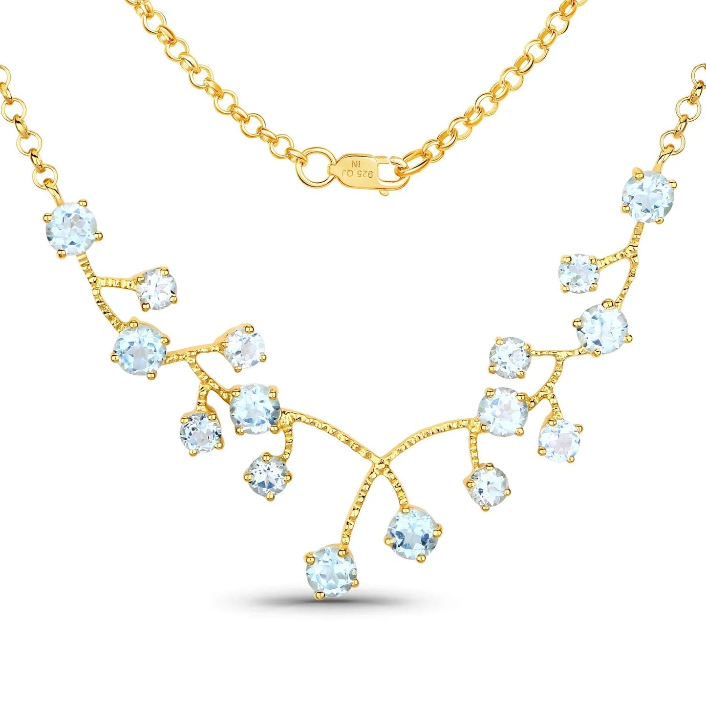 7.36 Ct Round Sky Blue Topaz Prong 18K Gold Plated Silver BIB Rolo Chain Necklace
