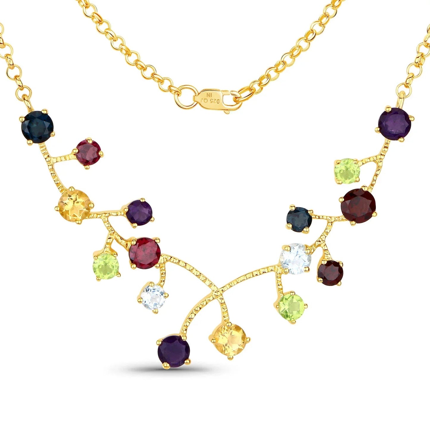 6.21 Ct Round Multi Stones Prong 18K Gold Plated Silver BIB Rolo Chain Necklace