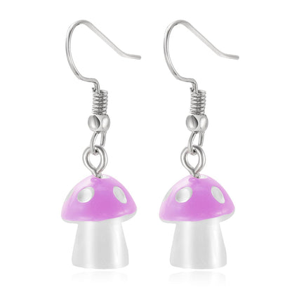 Purple Resin & Silvertone Dot Mushroom Drop Earrings