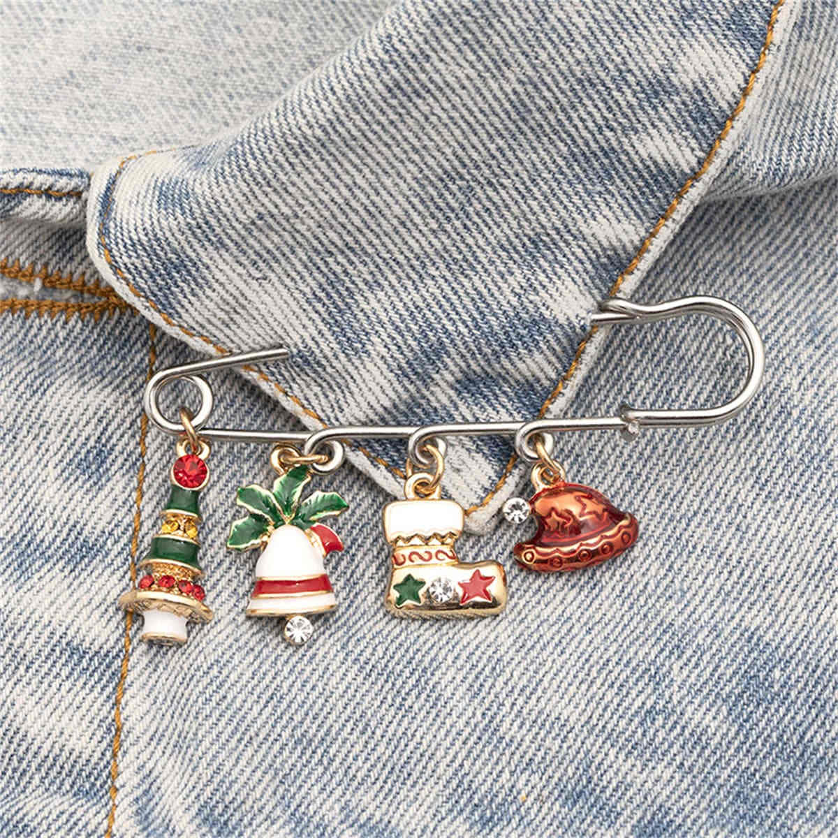Colored Enamel & Cubic Zirconia Two Tone Christmas Icon Charm Brooch
