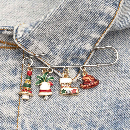 Colored Enamel & Cubic Zirconia Two Tone Christmas Icon Charm Brooch