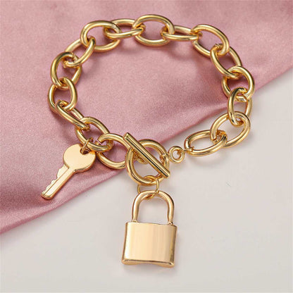 Goldtone Cable Chain Key Lock Toggle Charm Bracelet
